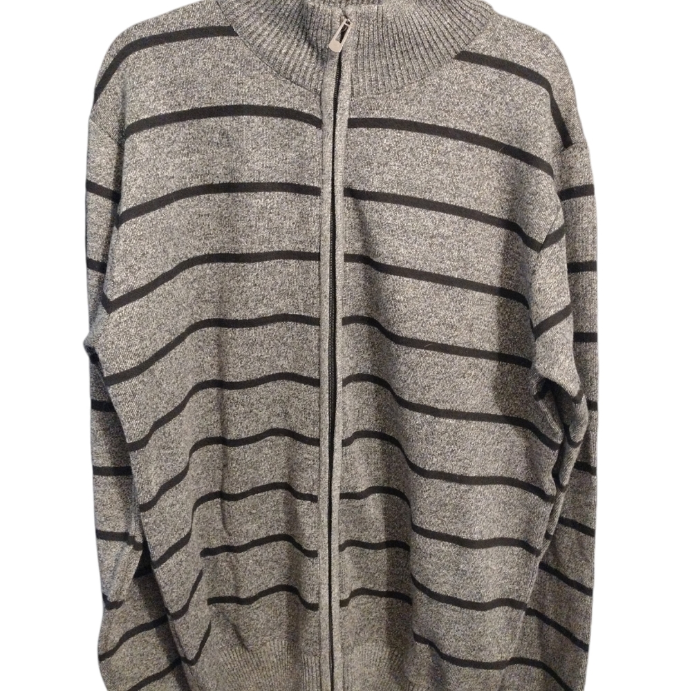 True Rock Grey and Black Striped full zip  mock turtleneck cardigan
